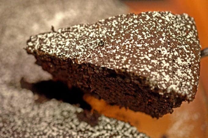 A close up of a piece of chocolate cake