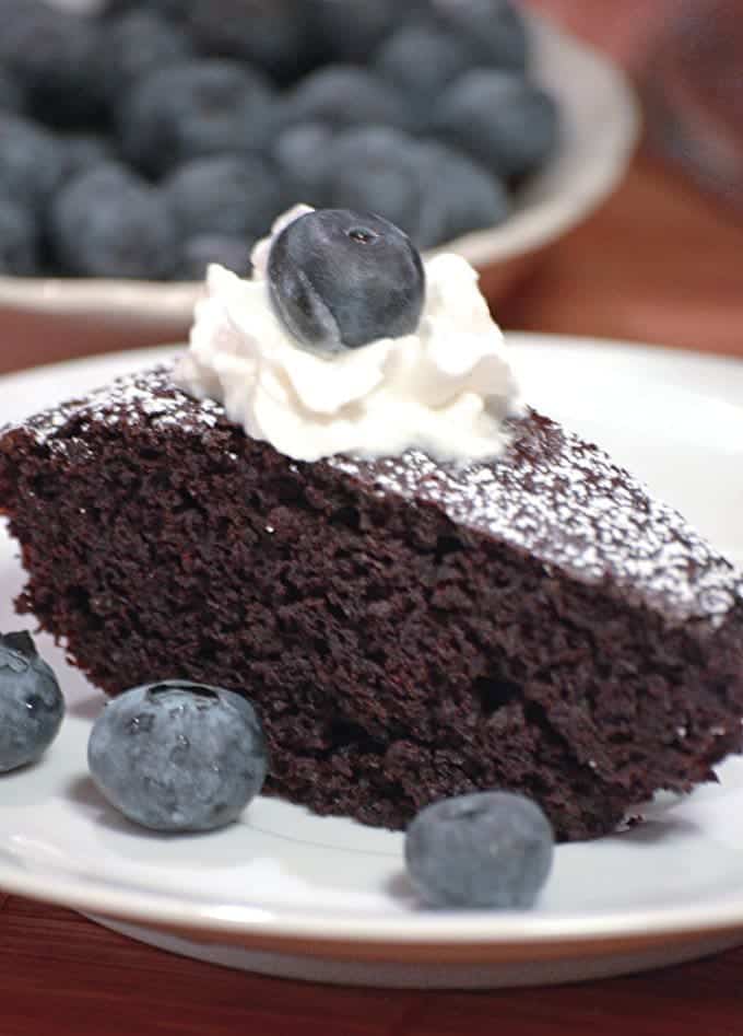 A close up of a piece of chocolate cake on a plate