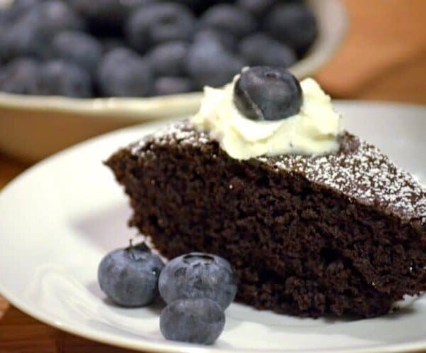 A piece of chocolate cake on a plate