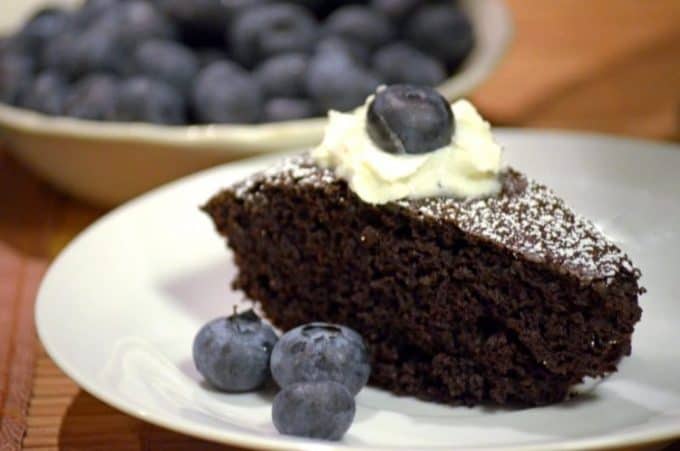 A piece of chocolate cake on a plate