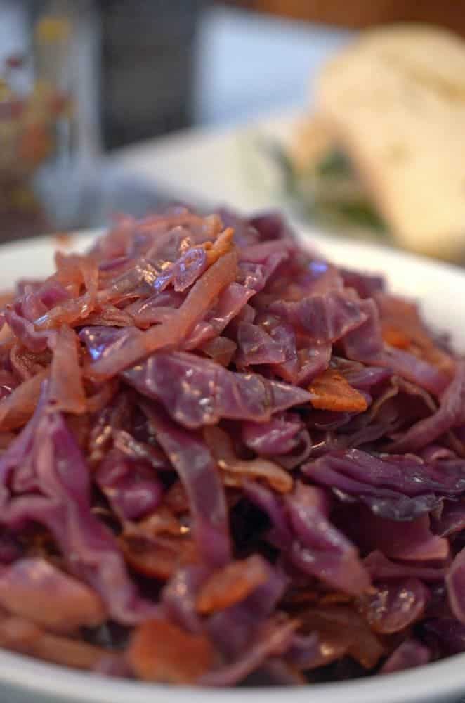 Cooked red cabbage in white dish