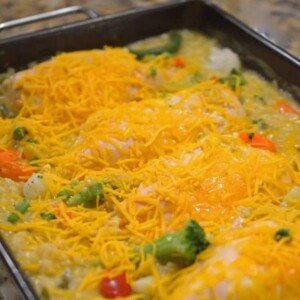 A dish filled with Chicken and rice casserole.