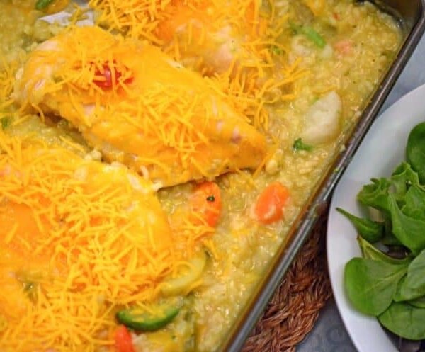 A pan of chicken and rice casserole.