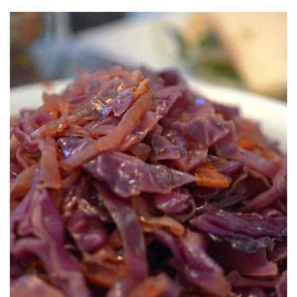 A bowl of Bacon and red cabbage cabbage