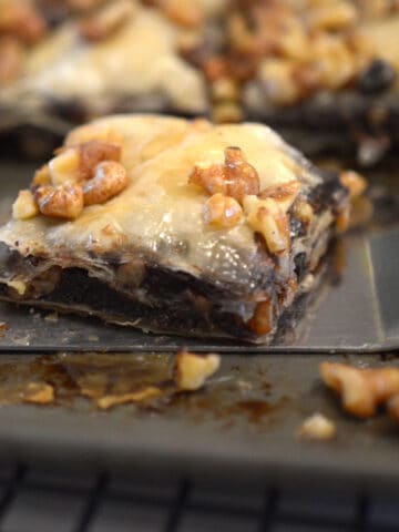 A brownie dessert on a spatula.