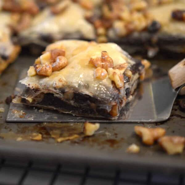 A brownie dessert on a spatula.