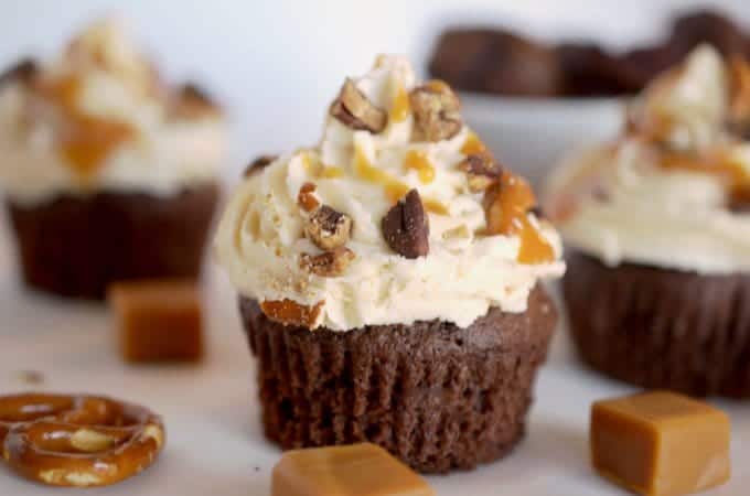 A close-up of a chocolate cupcake.