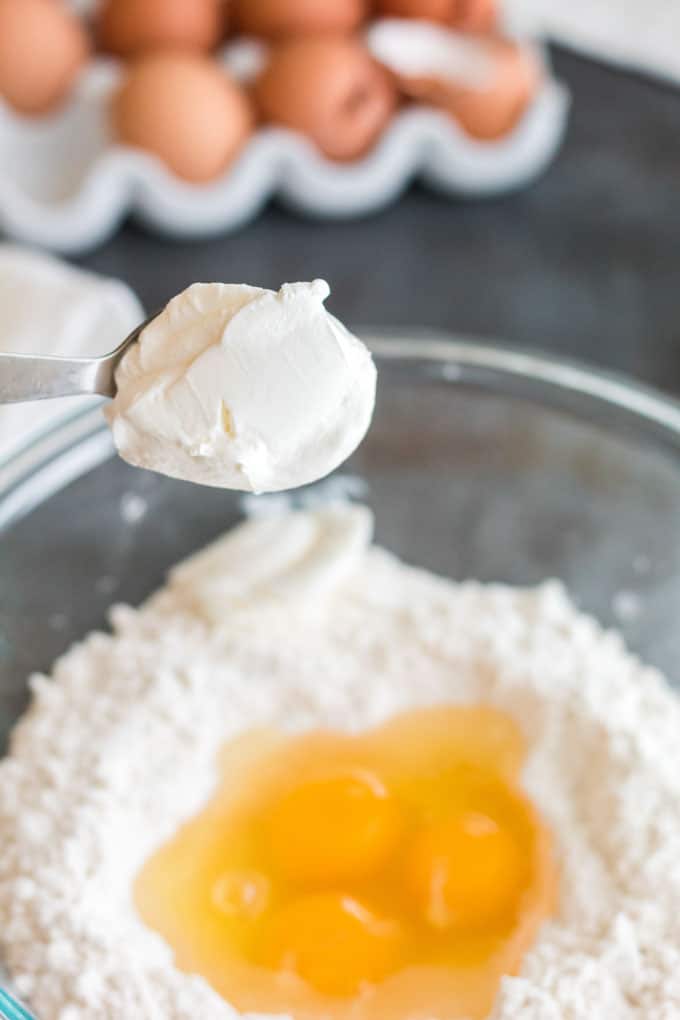 Bowl of ingredients for pierogi dough.