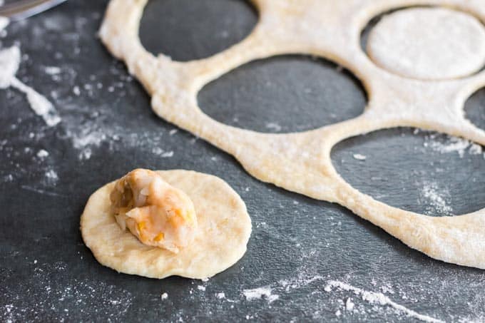 Pierogi filling on pierogi dough.