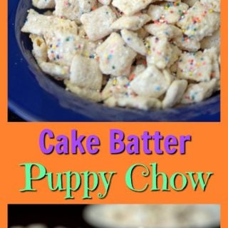 Cake Batter Puppy Chow is a great treat and also a good way to get your kids in the kitchen. Good luck keeping your hands out of the goody bowl though!