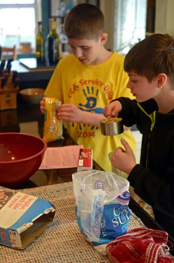 boys making a dessert.