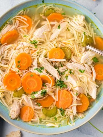 Overhead view of a bowl of chicken noodle soup with carrots.