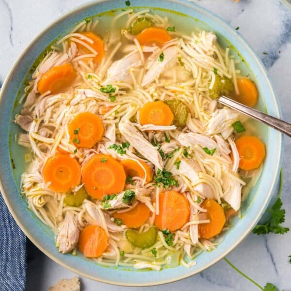 Overhead view of a bowl of chicken noodle soup with carrots.