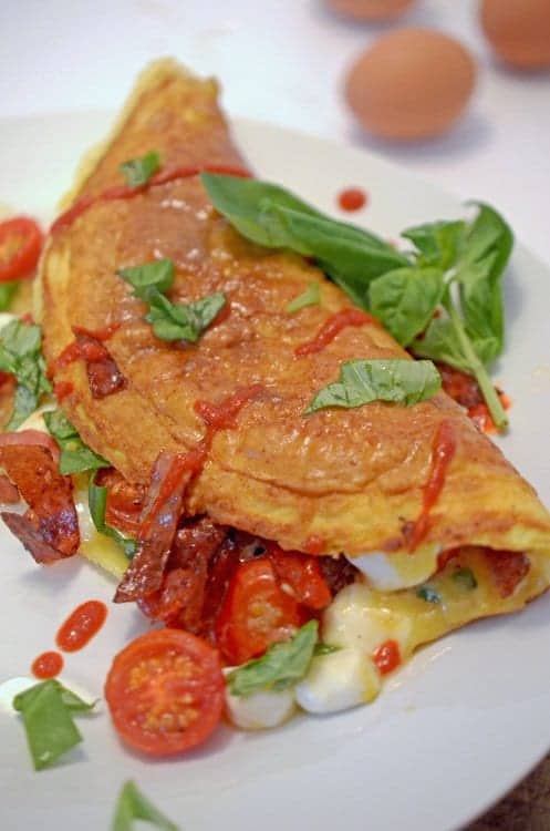 Margherita Omelette with Salami and Chili Sriracha