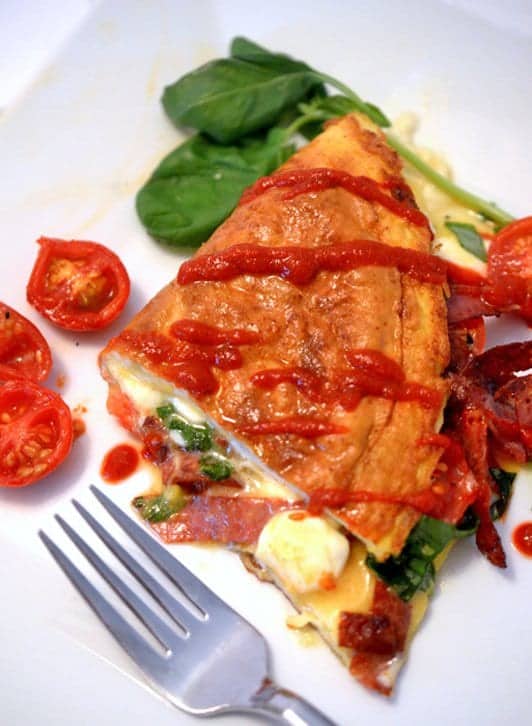 Margherita Omelette with Salami and Chili Sriracha