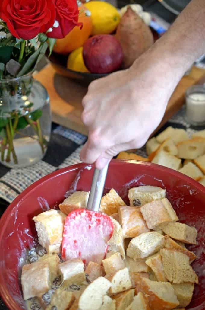 Chunks of bread in a mixing bowl