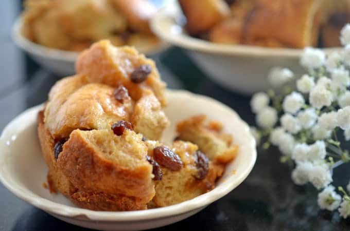 Dish of crock pot bread pudding.