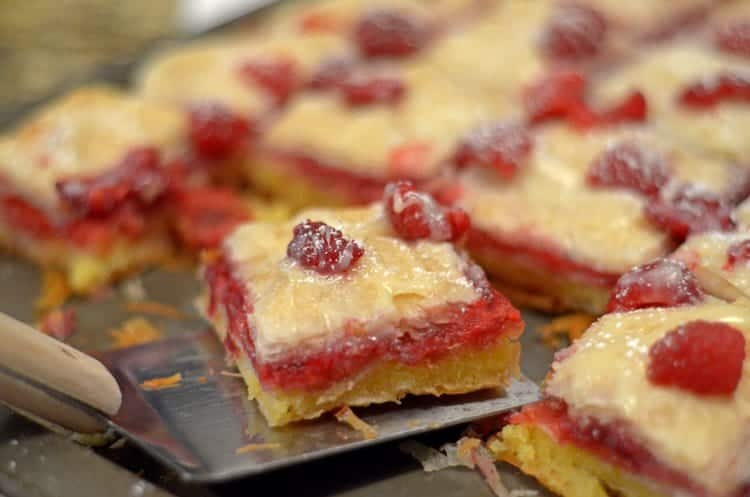 A close up of a piece of Raspberry Brownie Baklava. 