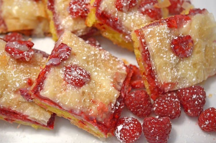 A close up of Raspberry Brownie Baklava squares.