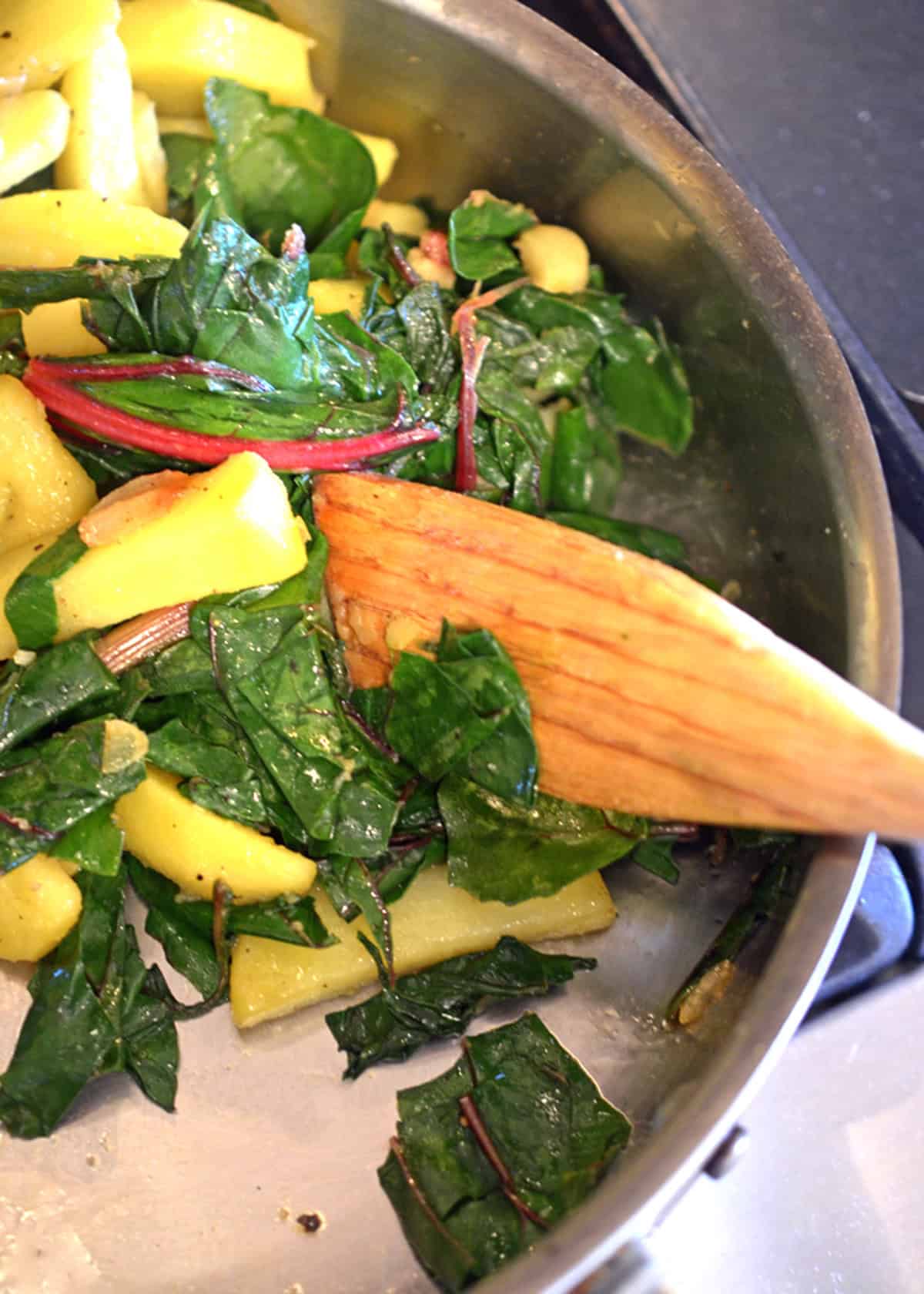 Some Swiss chard in a skillet.
