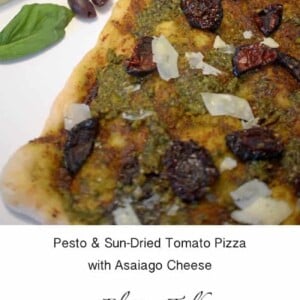 Pesto & Sun-Dried Tomato Pizza with Asaiago Cheese.