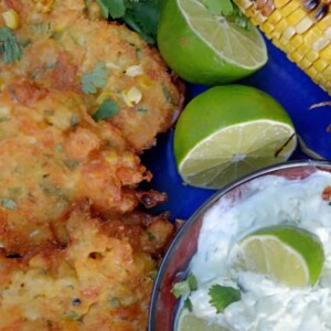 Corn Fritters with Avocado Jalapeño Sauce