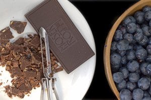 blueberries and chocolate on a plate.