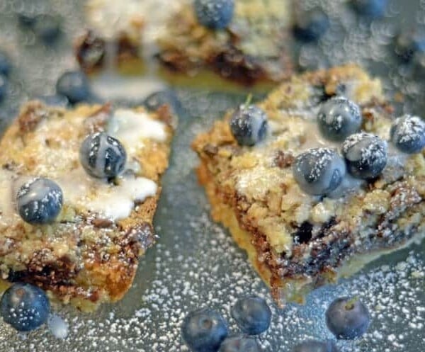 a close up of a blueberry chocolate dessert bar.