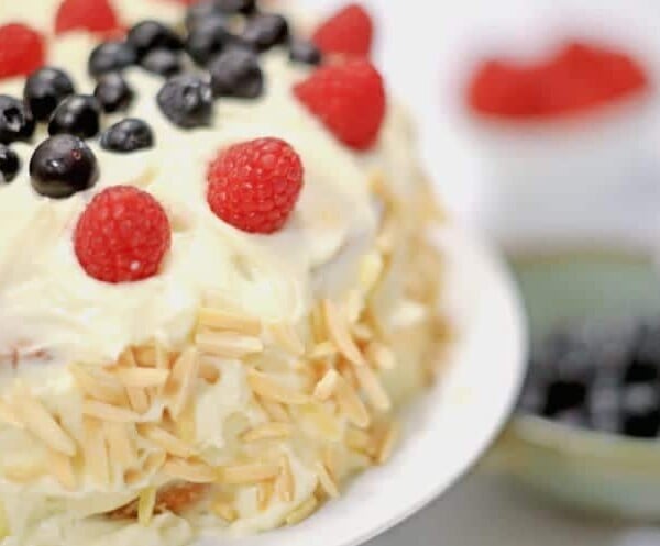 a close up of a cake on a plate with berries