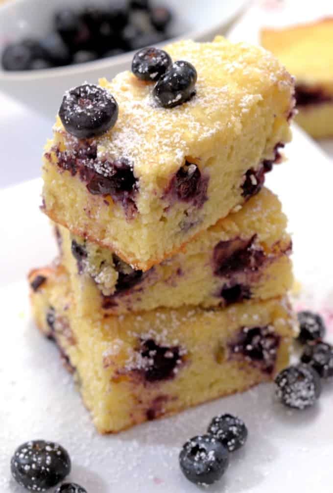 three stacked blueberry blondies