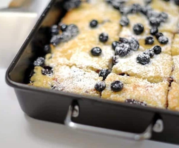 blueberry blondies in a pan.