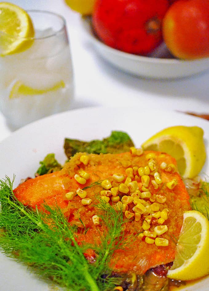 A plate of food, with Sockeye salmon