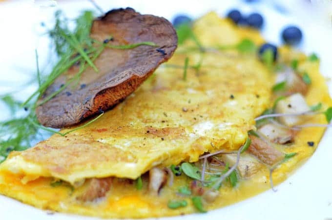 A close up of a mushroom omelet.