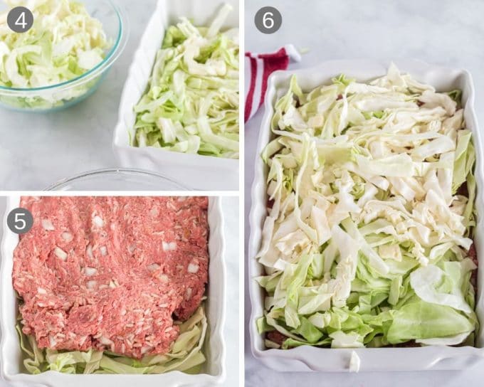 Layering stuffed cabbage casserole with cabbage and beef mixture.