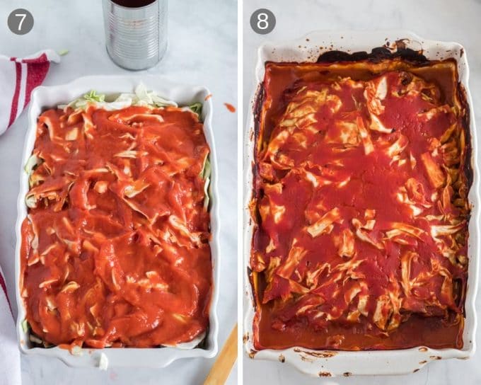 Lazy man cabbage rolls being baked with cream of tomato soup.