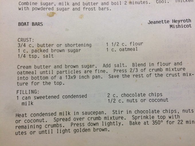 A paper recipe for dessert bars.