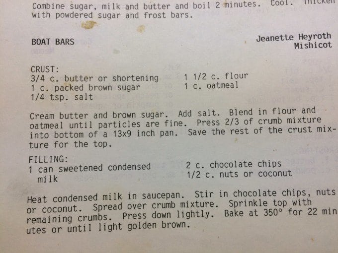 A paper recipe for dessert bars.