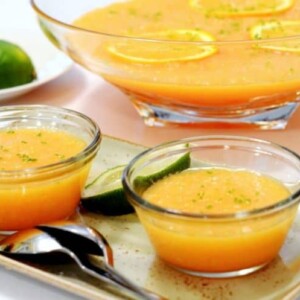 Bowls of chilled cantaloupe soup.