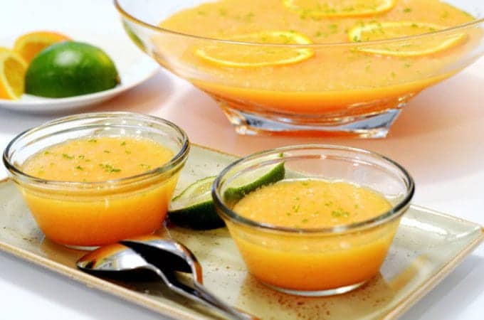 Bowls of chilled cantaloupe soup.