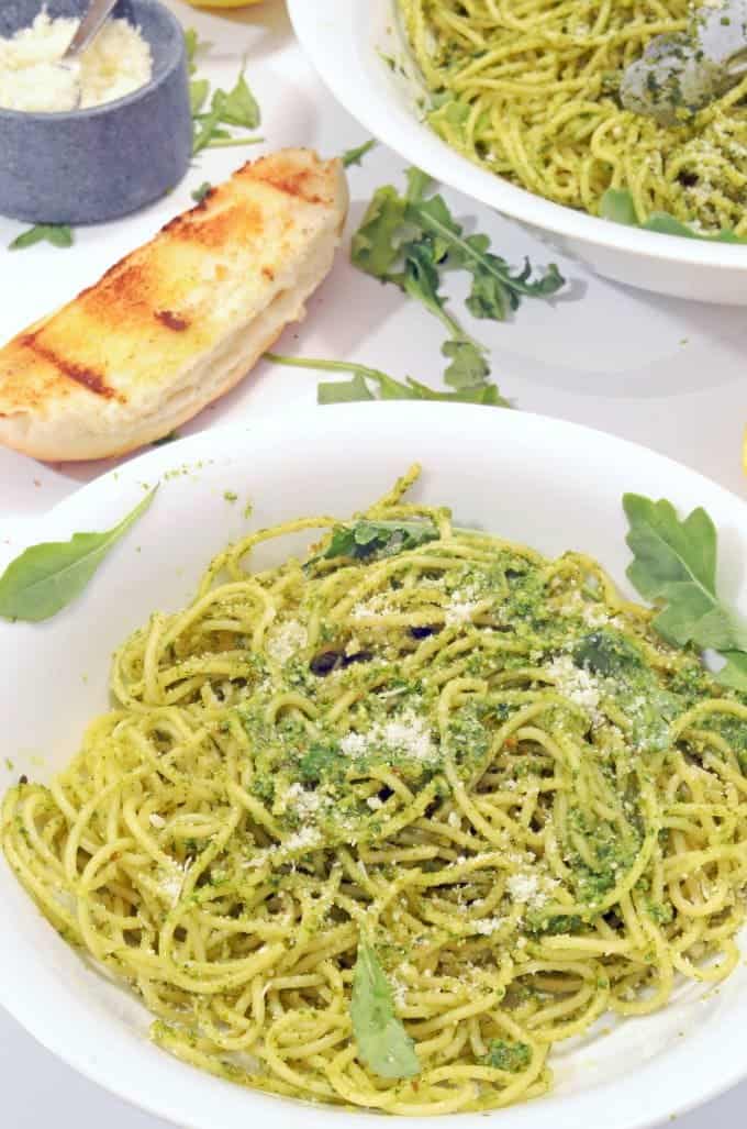 A bowl of pesto pasta.