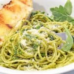 A bowl of pesto pasta.