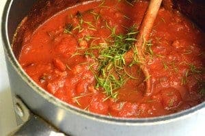 A pan of tomato sauce.