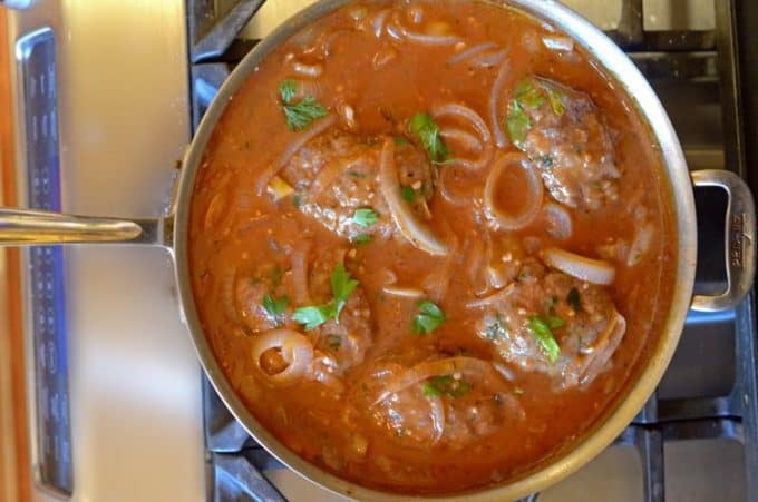 A pan of Salisbury steak.