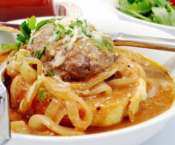 A plate of Salisbury steak.