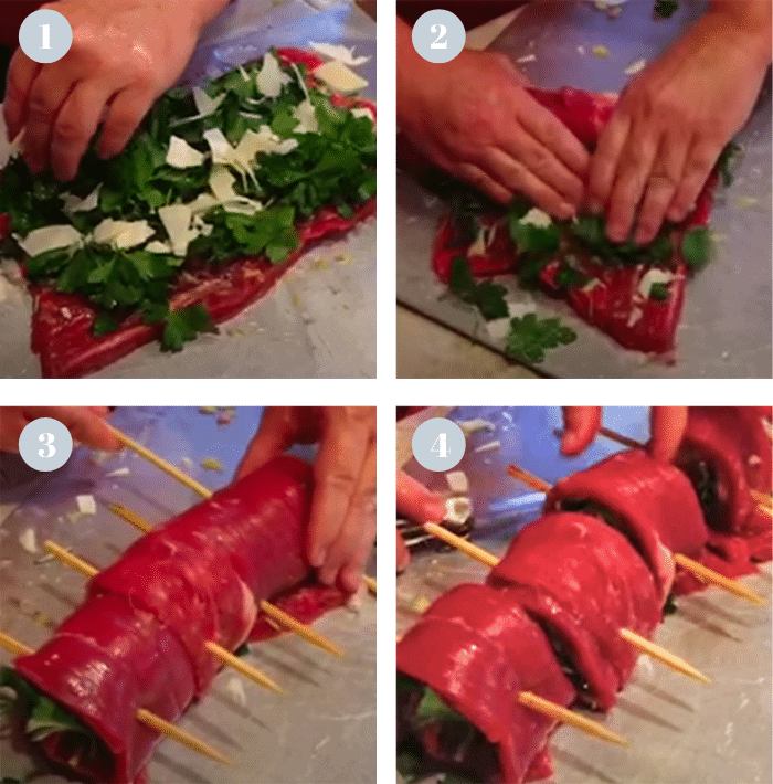 Rolling a flank steak for to make pinwheels.