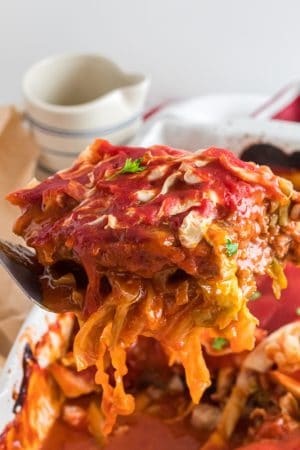 Portion of cabbage roll cassrole being served.