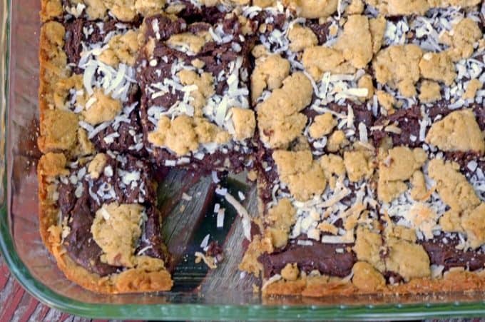 A close up of a pan of dessert bars.