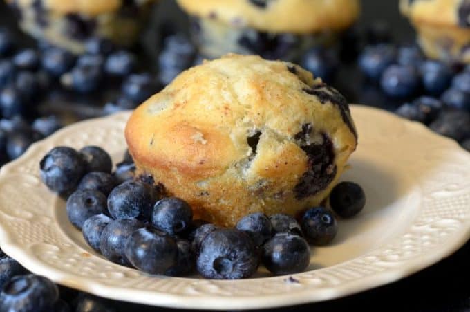 A close up of a blueberry muffin on a plate.