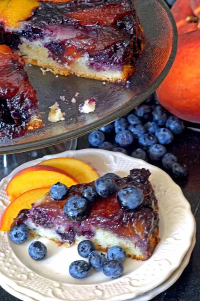 A close up of slice of peach cake.