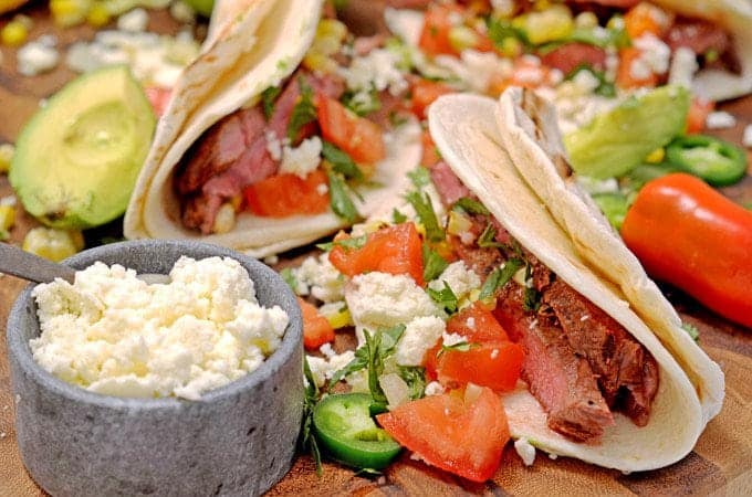 A close up of steak tacos.